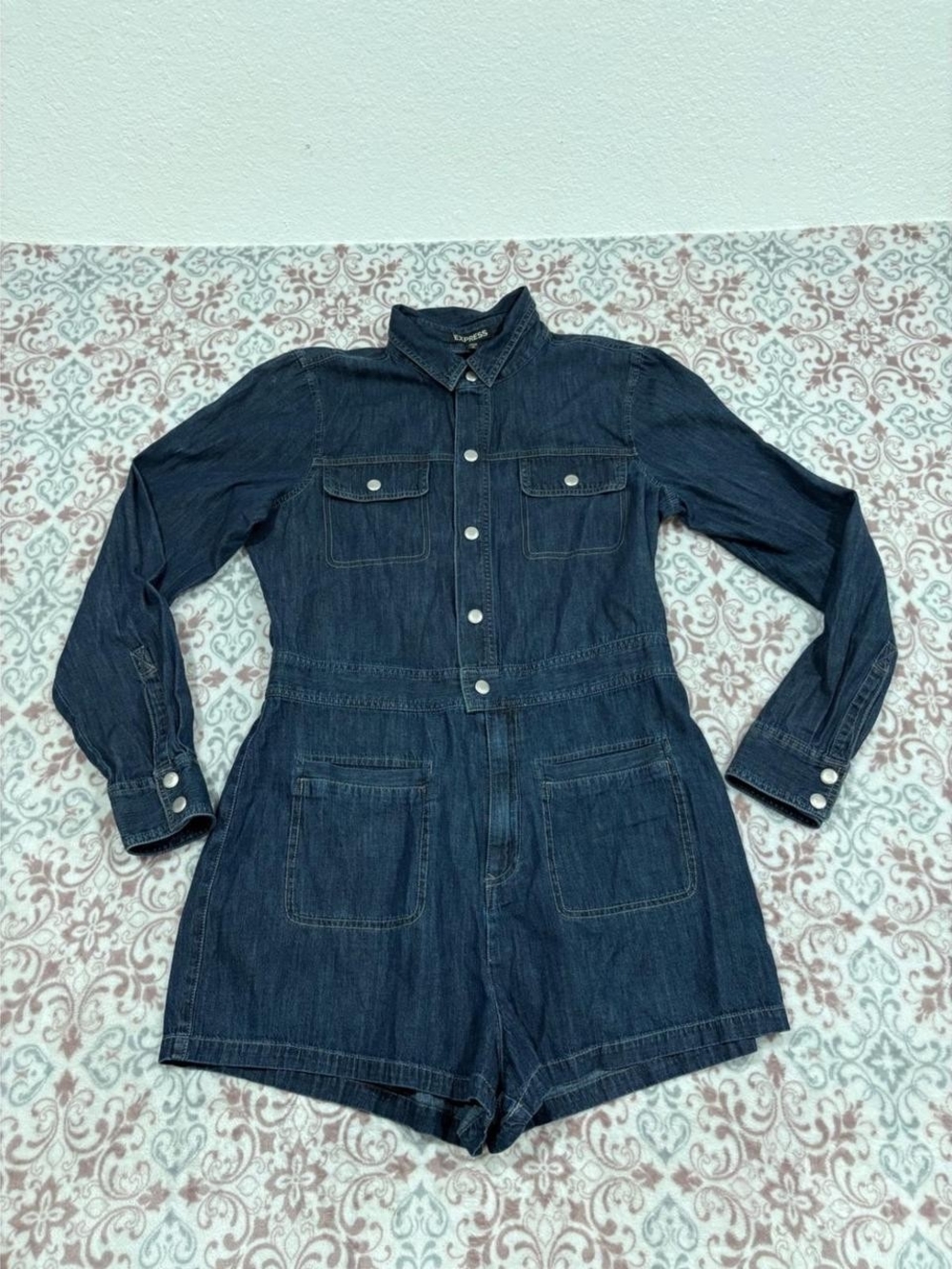 Express Dark Blue Denim Romper with Long Sleeves